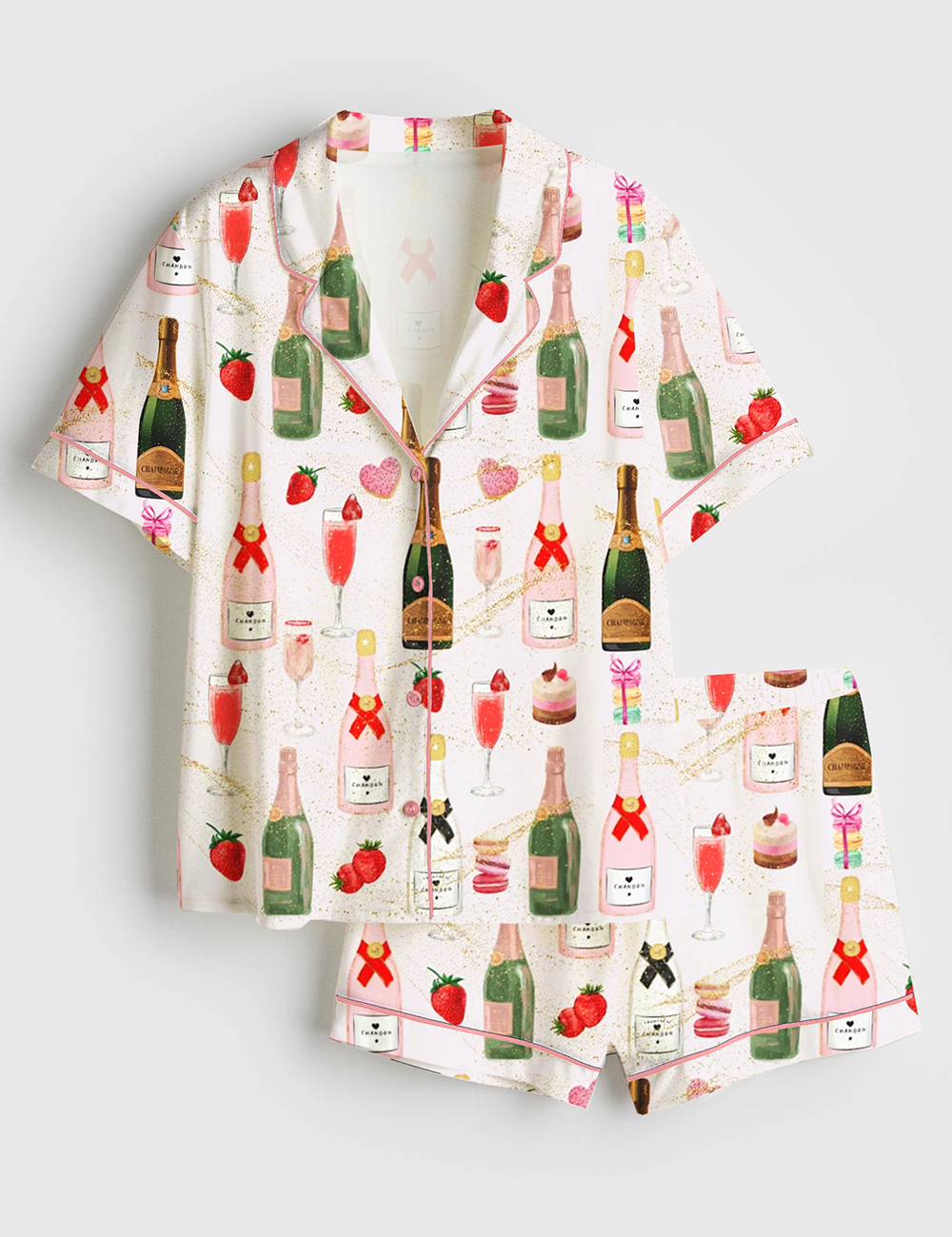 Women's Champagne Strawberries Macarons Romantic Short Sleeve Satin Pajama Set