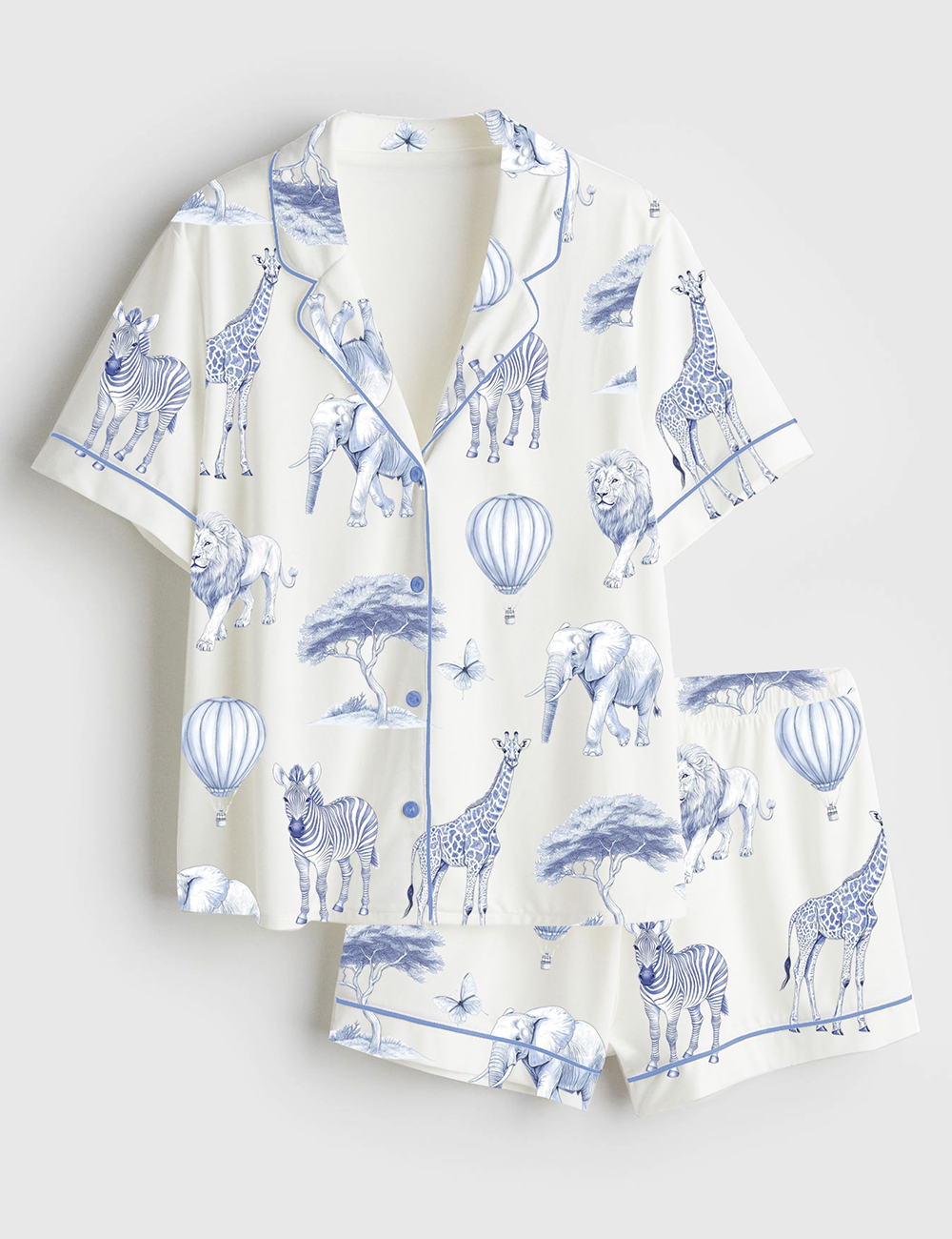 Women's  Chinoiserie Safari Elephant Giraffe And Zebra Print Short Sleeve Satin Pajama Set