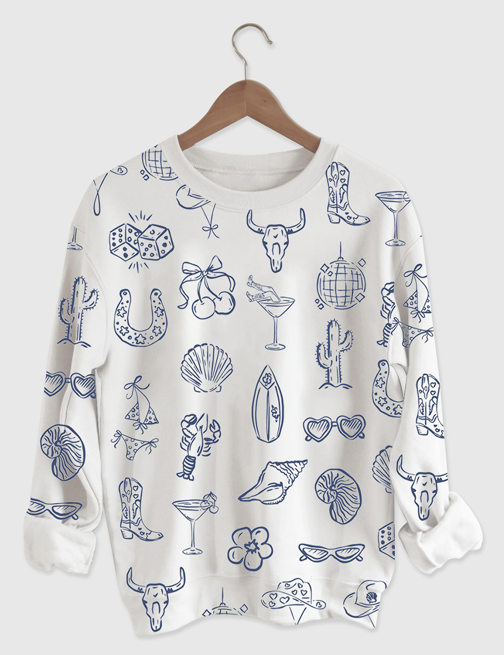 Womenâ€˜s Cowgirl Coastal Bachelorette Hand Drawn Whimsical Long Sleeve Shirt