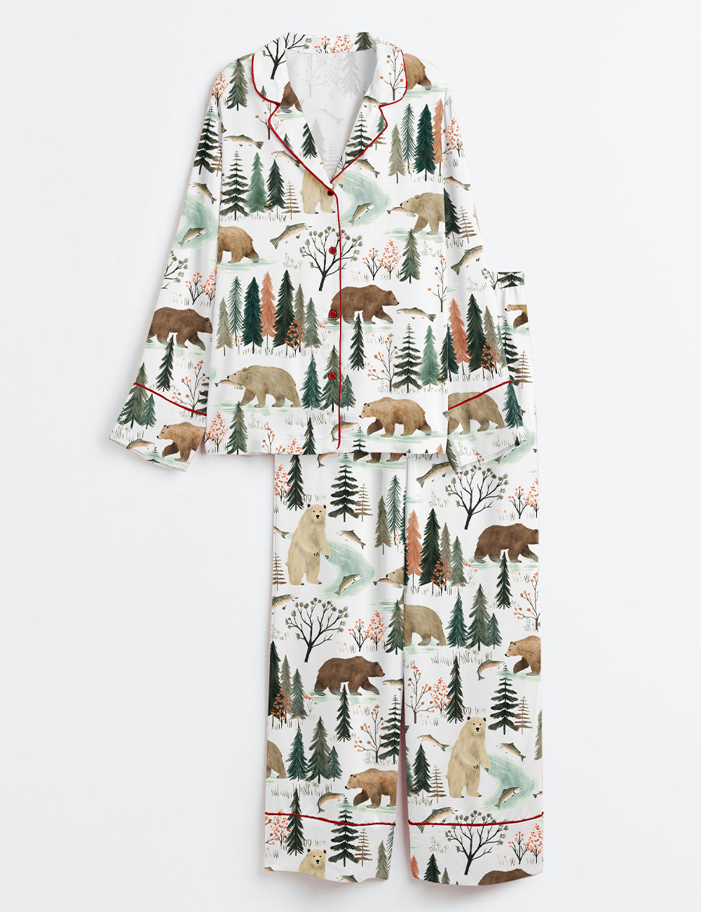 Women's  Fishing Bear Woodland Long Sleeve Satin Pajama Set