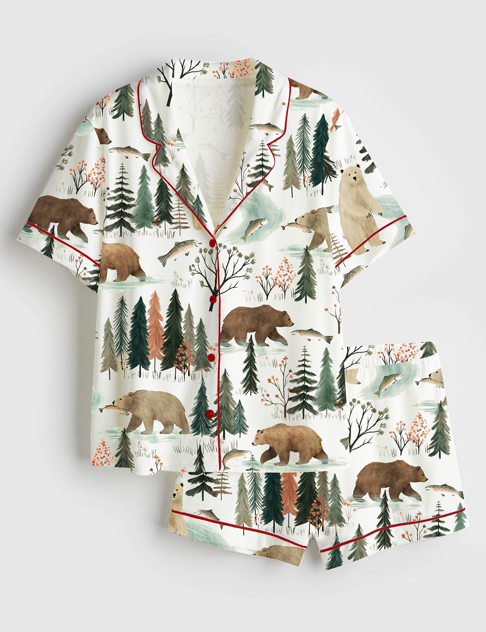Women's  Fishing Bear Woodland Short Sleeve Satin Pajama Set