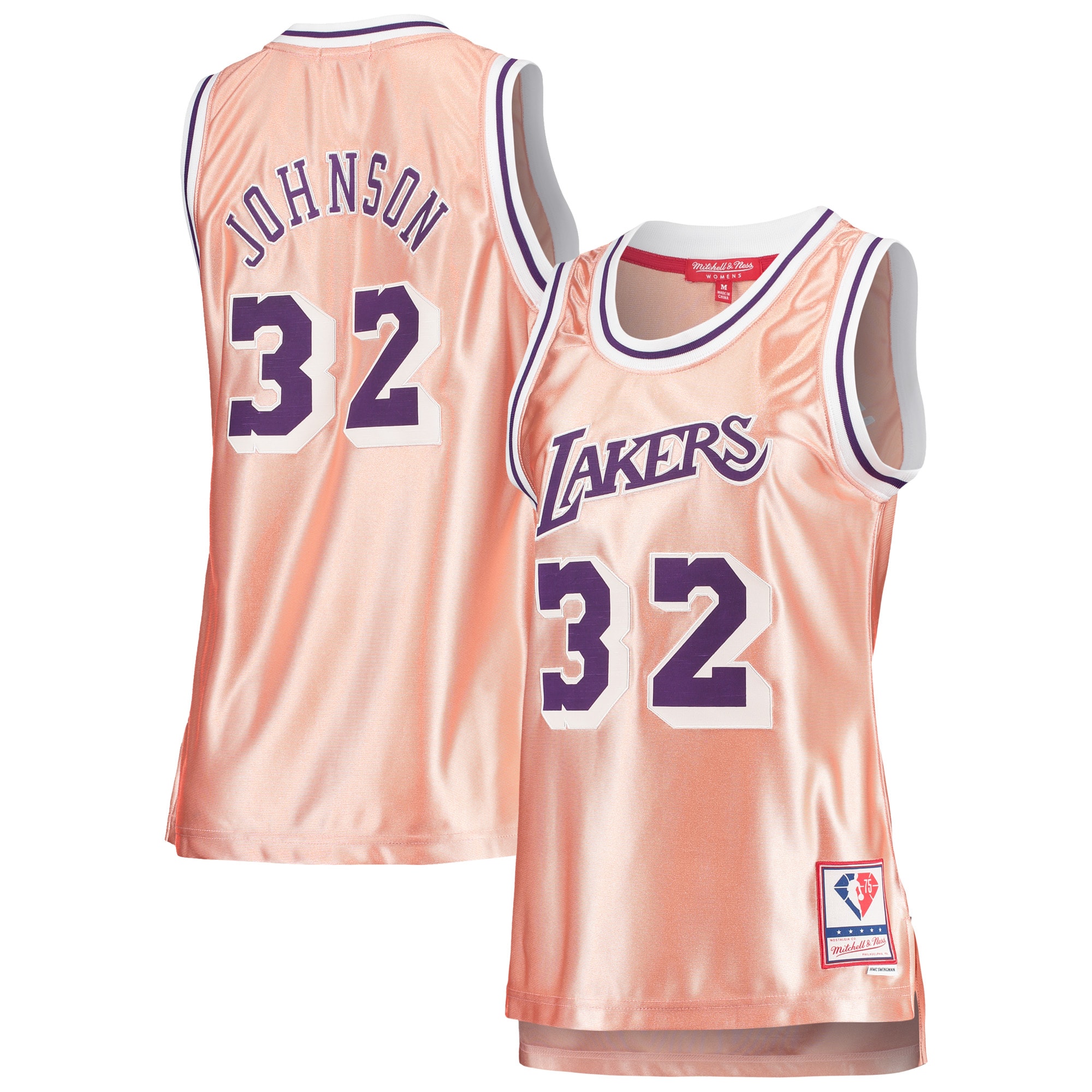 Women's Mitchell & Ness Magic Johnson Pink Los Angeles Lakers 75th Anniversary Rose Gold 1984 Swingman Jersey - JS575 
