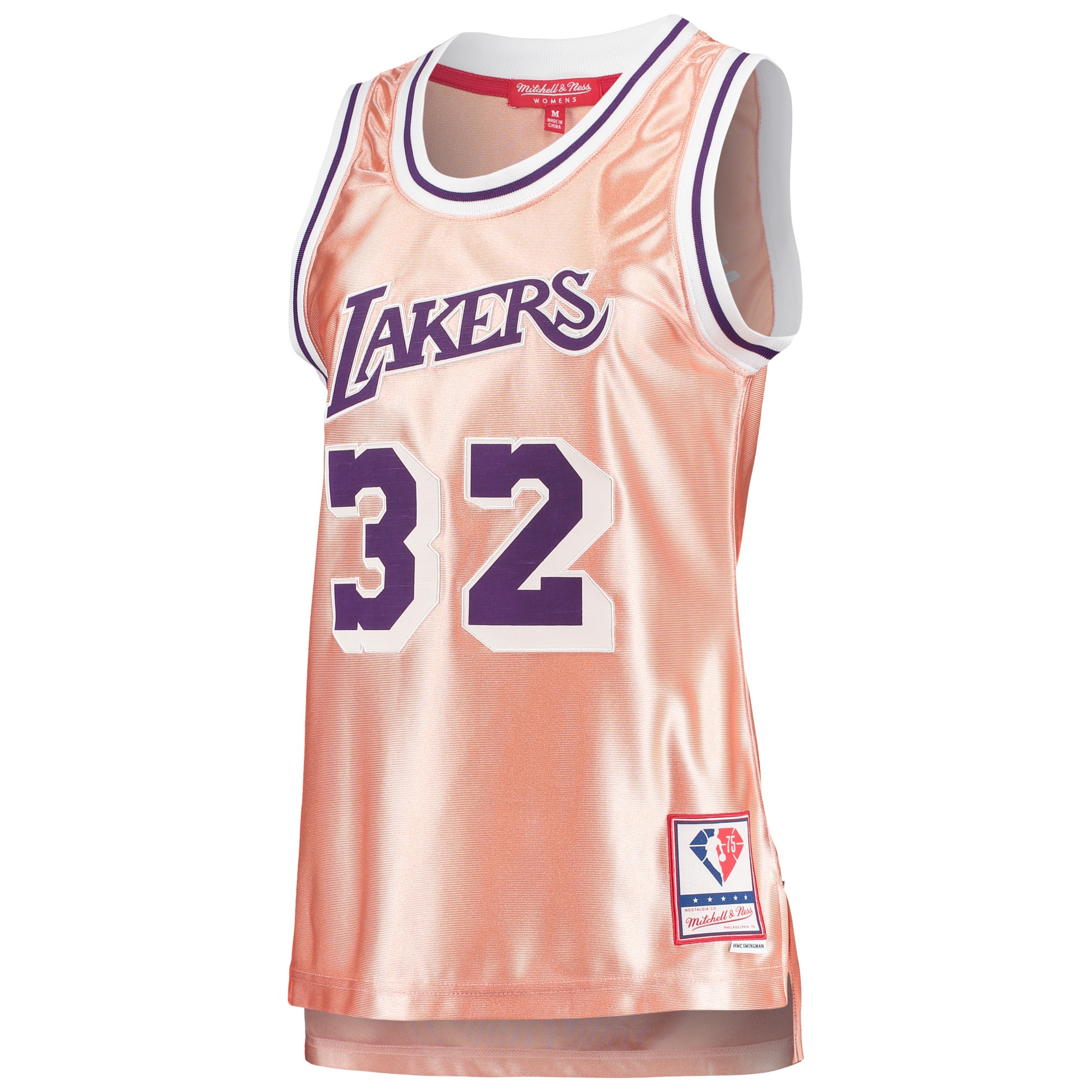Alternative view of Women's Mitchell & Ness Magic Johnson Pink Los Angeles Lakers 75th Anniversary Rose Gold 1984 Swingman Jersey - JS575 