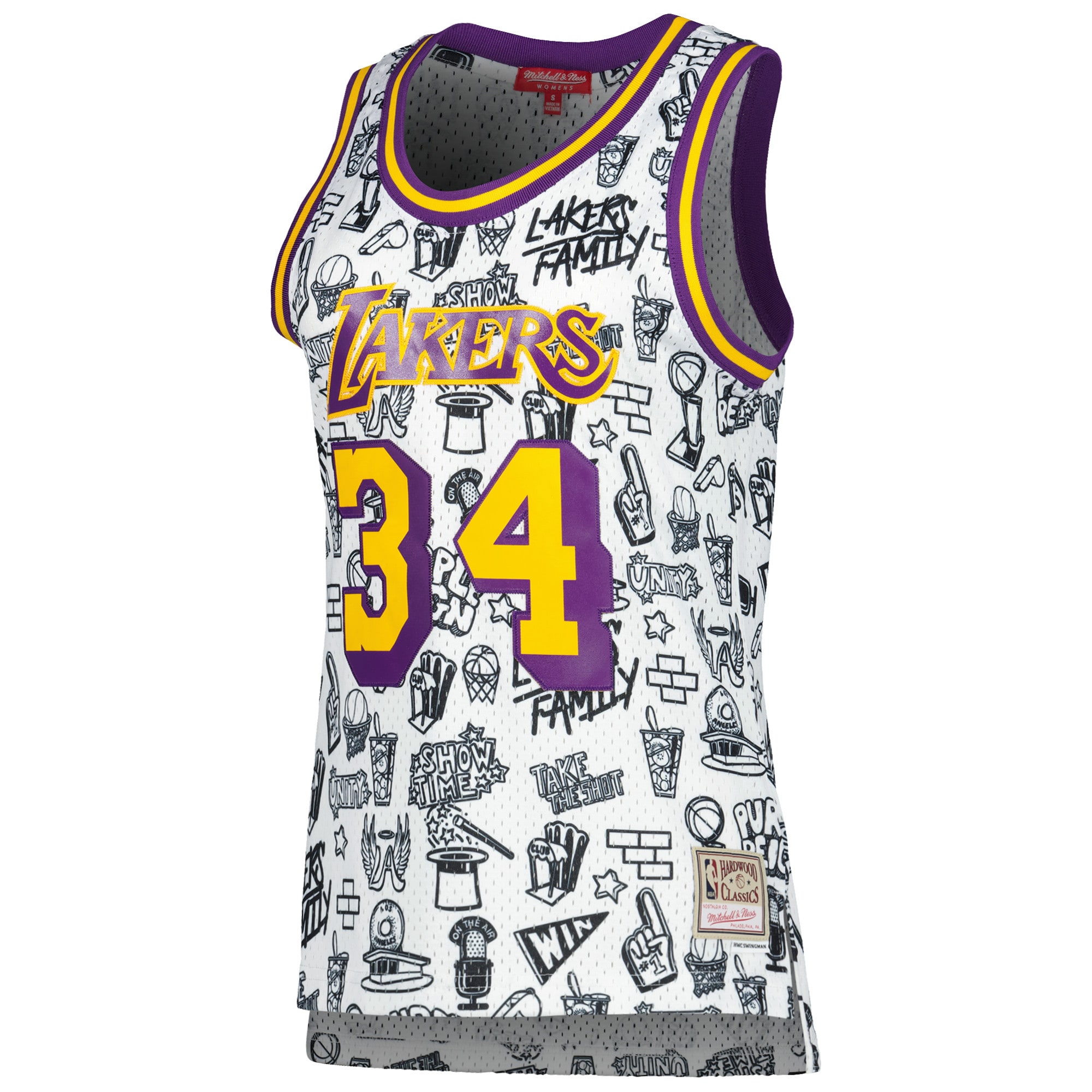 Alternative view of Women's Mitchell & Ness Shaquille O'Neal White Los Angeles Lakers 1996 Doodle Swingman Jersey - JS175 