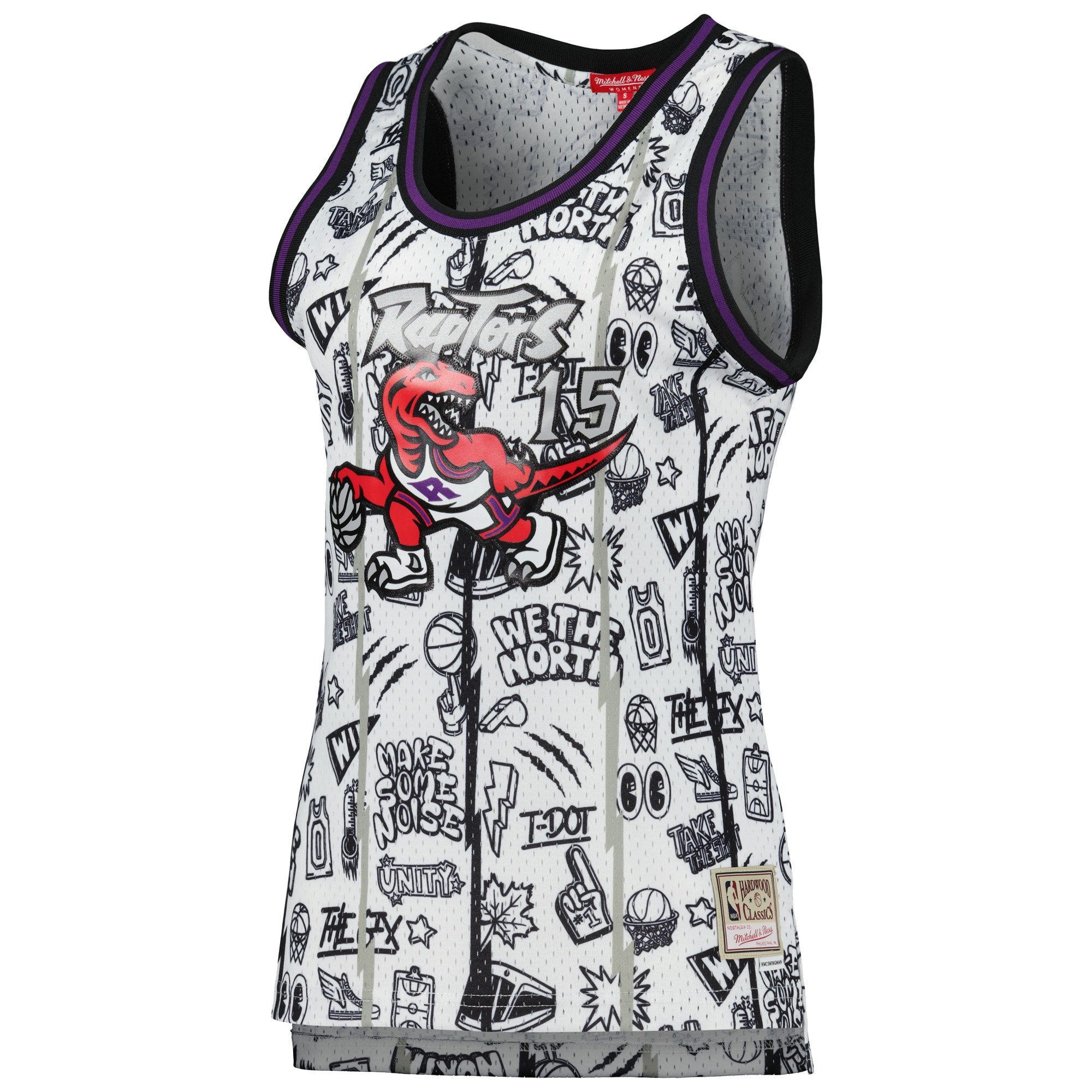 Alternative view of Women's Mitchell & Ness Vince Carter White Toronto Raptors 1998 Doodle Swingman Jersey - JS898 