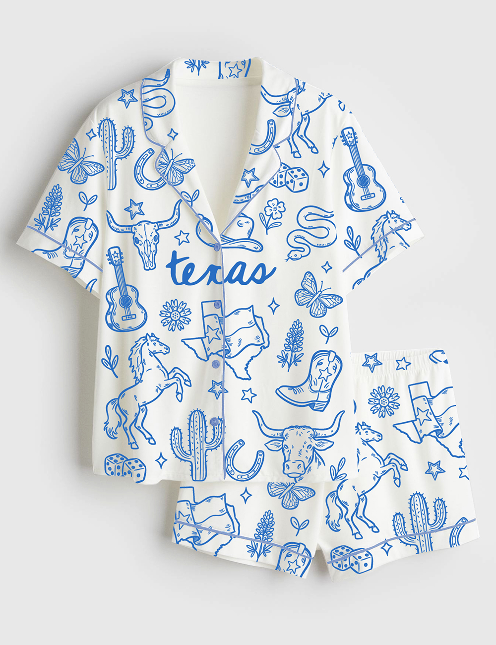 Women's Texas Travel Hand Drawn Doodle Western Cowgirls Desert Cactus Print Short Sleeve Satin Pajama Set