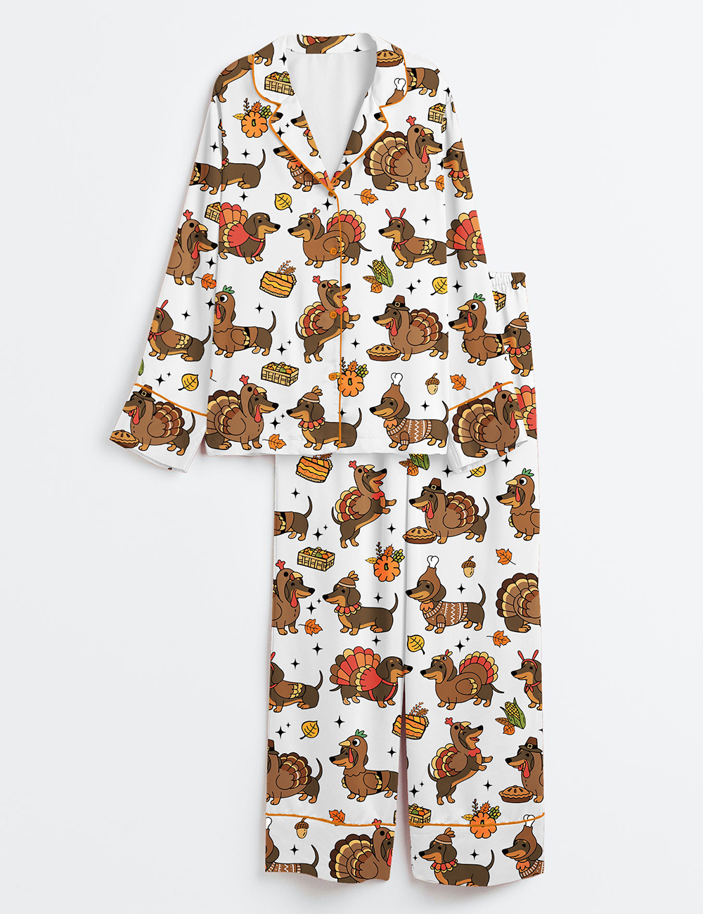 Women's Thanksgiving Dachshund Preppy Turkey Long Sleeve Satin Pajama Set