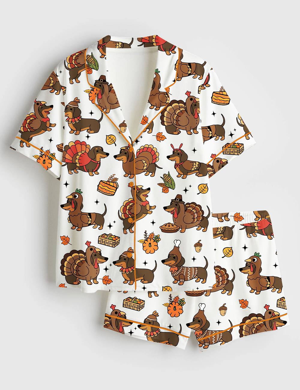 Women's Thanksgiving Dachshund Preppy Turkey Short Sleeve Satin Pajama Set