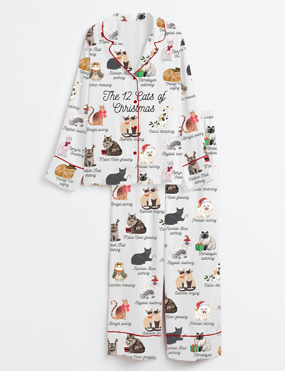 Women's The 12 Cats Of Christmas Cute Cats Lover Long Sleeve Satin Pajama Set