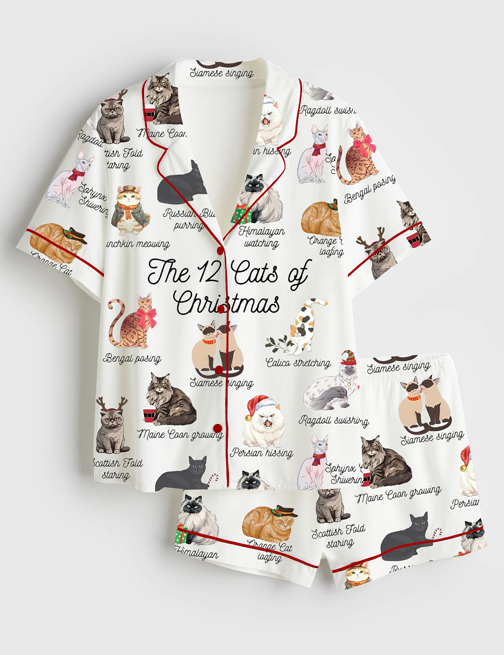 Women's The 12 Cats Of Christmas Cute Cats Lover Short Sleeve Satin Pajama Set