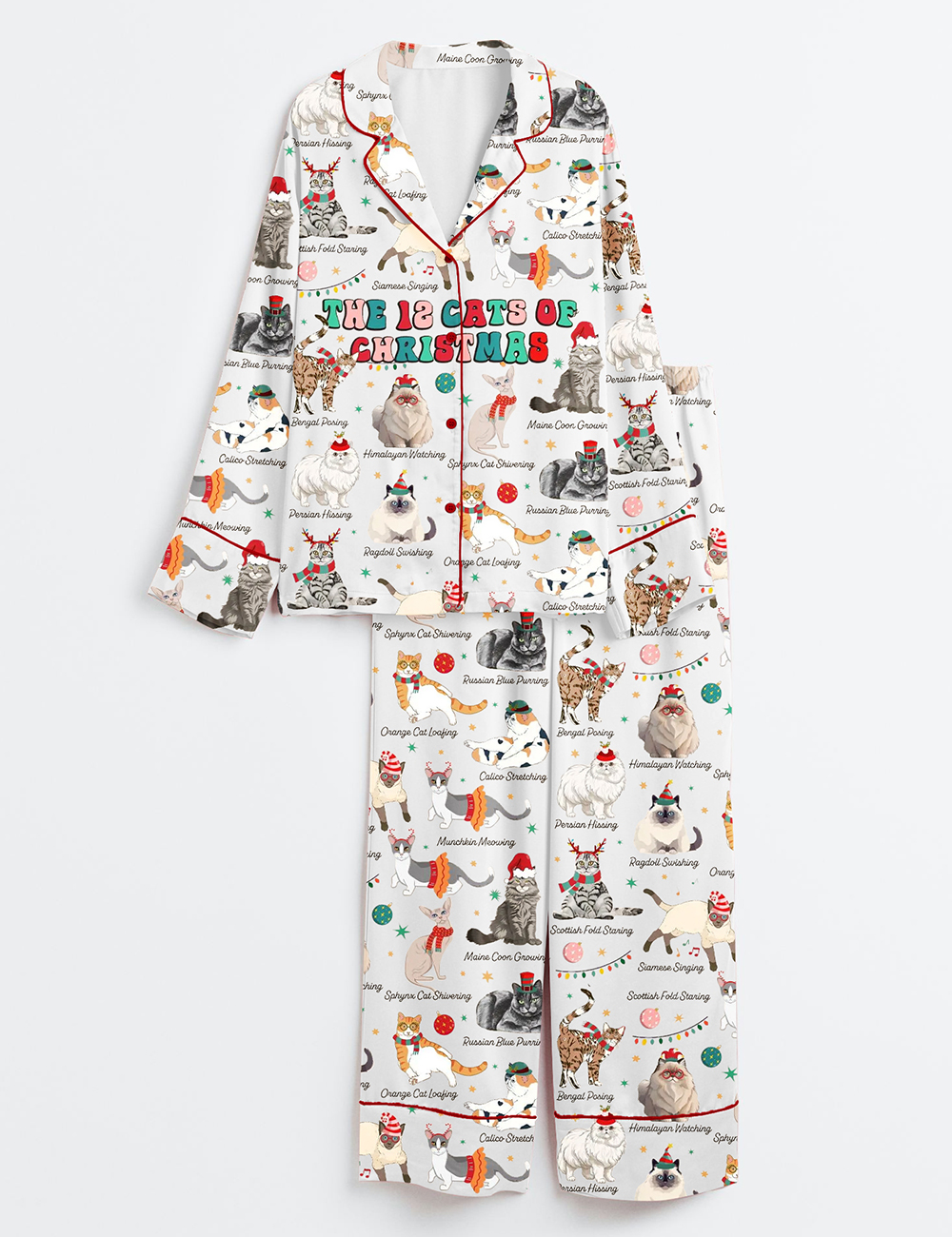 Women's The 12 Cats of Christmas Long Sleeve Satin Pajama Set