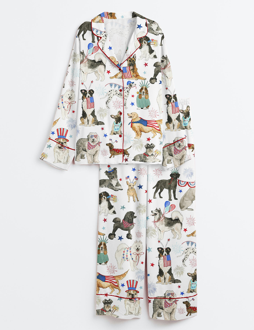 Women's The 4th Of July Independence Day American Dogs USA Flag Long Sleeve Satin Pajama Set