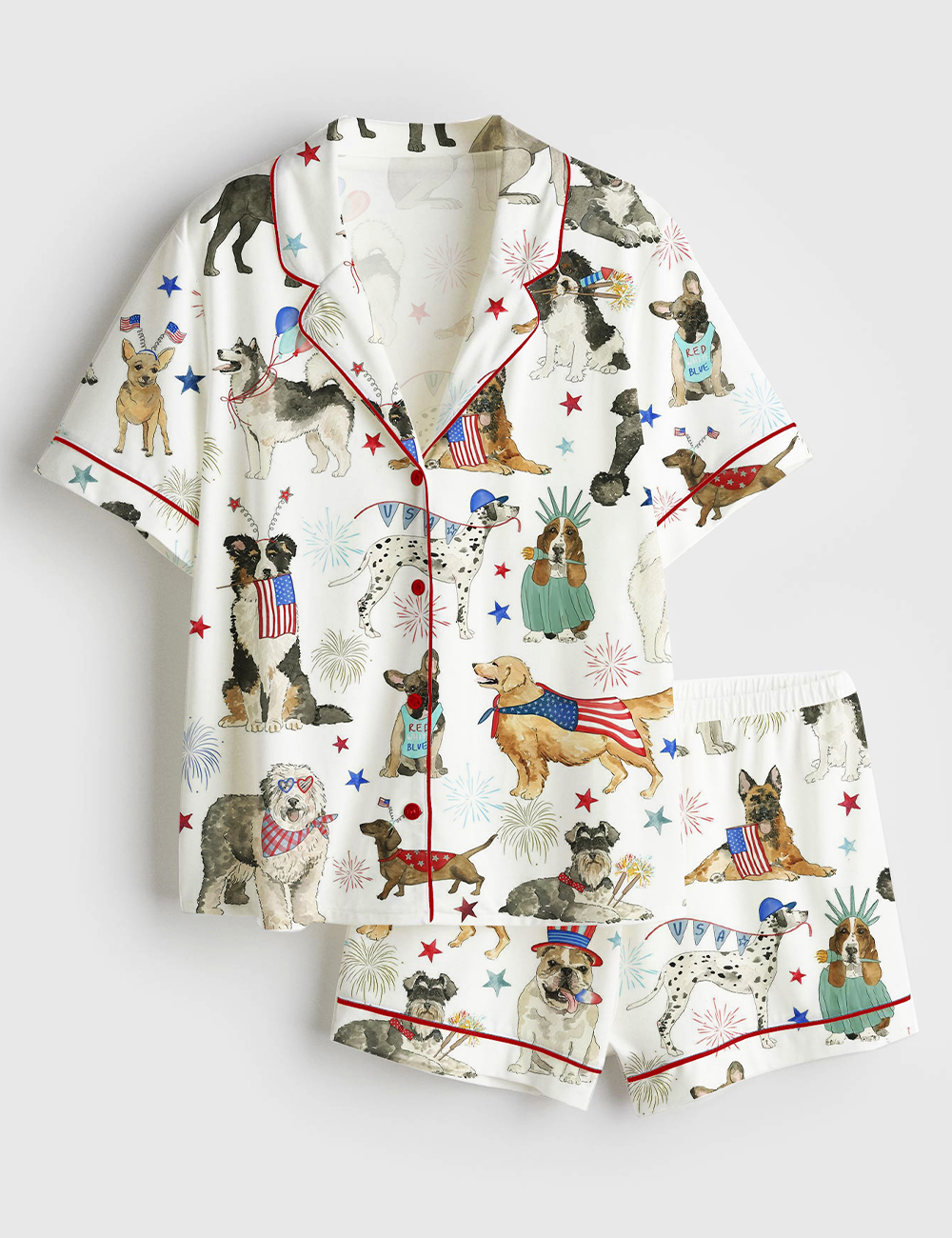 Women's The 4th Of July Independence Day American Dogs USA Flag Short Sleeve Satin Pajama Set