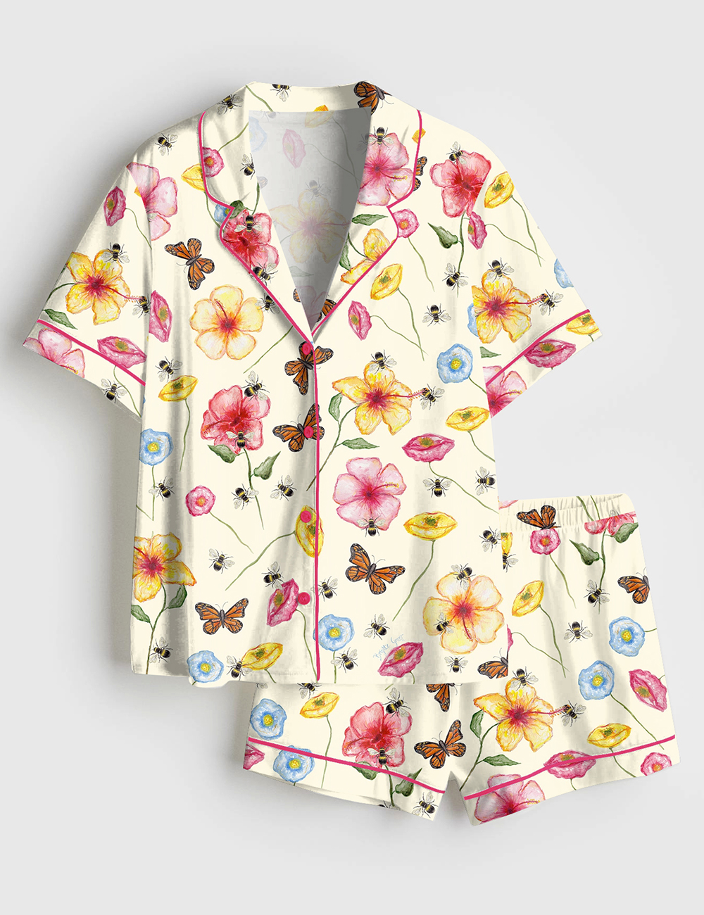 Women's The Butterflies And Bees Print Short Sleeve Satin Pajama Set