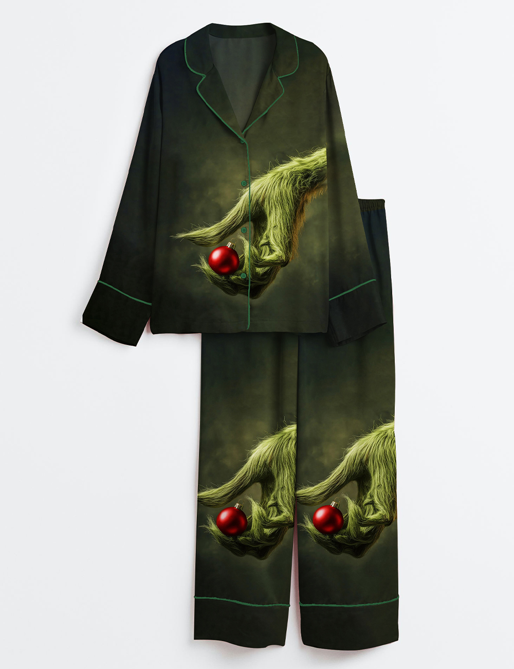 Women's The Grinch Holding An Ornament Christmas Long Sleeve Satin Pajama Set