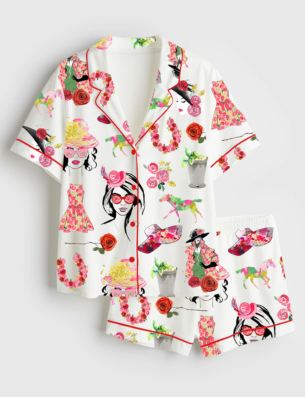 Women's The Kentucky Derby Derby Fashion Planner Girl Rose Horse Western Short Sleeve Satin Pajama Set