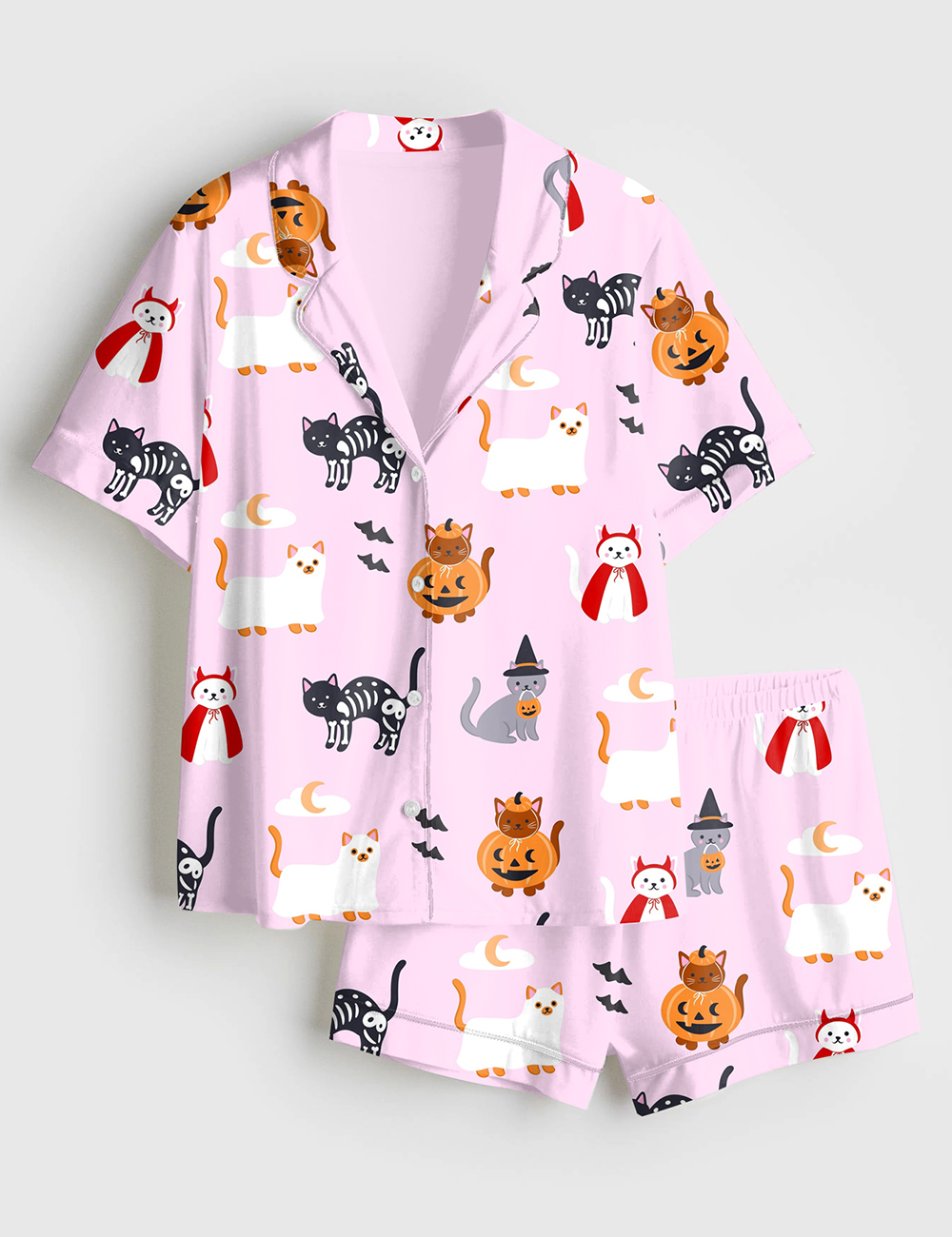 Women's The Lil Ghostie Cat Pumpkin Halloween Short Sleeve Satin Pajama Set