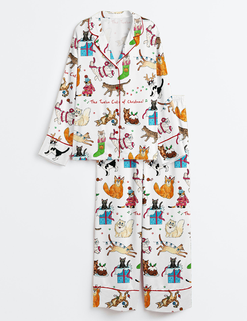 Women's The Twelve Cats Of Christmas Long Sleeve Satin Pajama Set