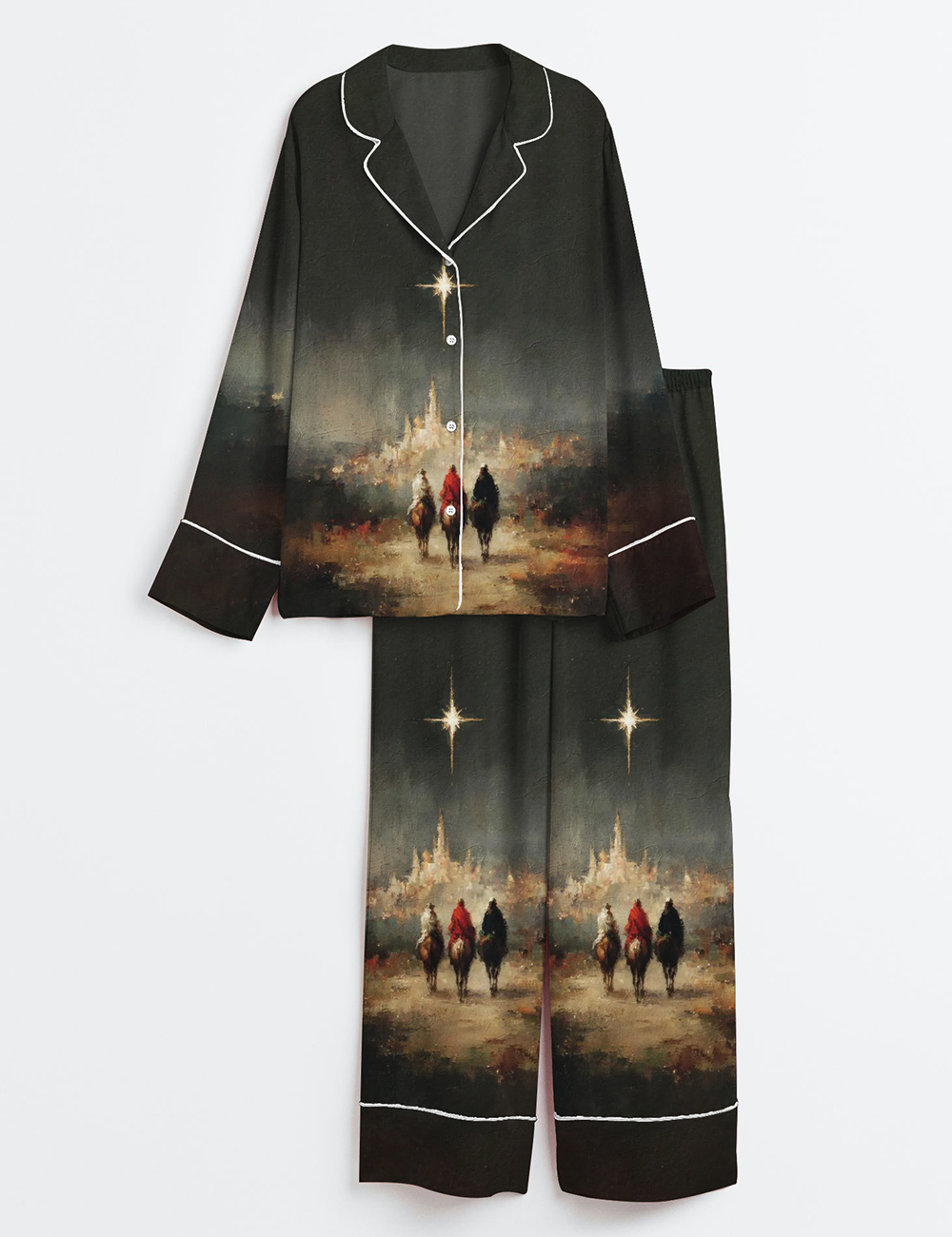Women's Three Wise Men Journey Canvas Christian Christmas Long Sleeve Satin Pajama Set