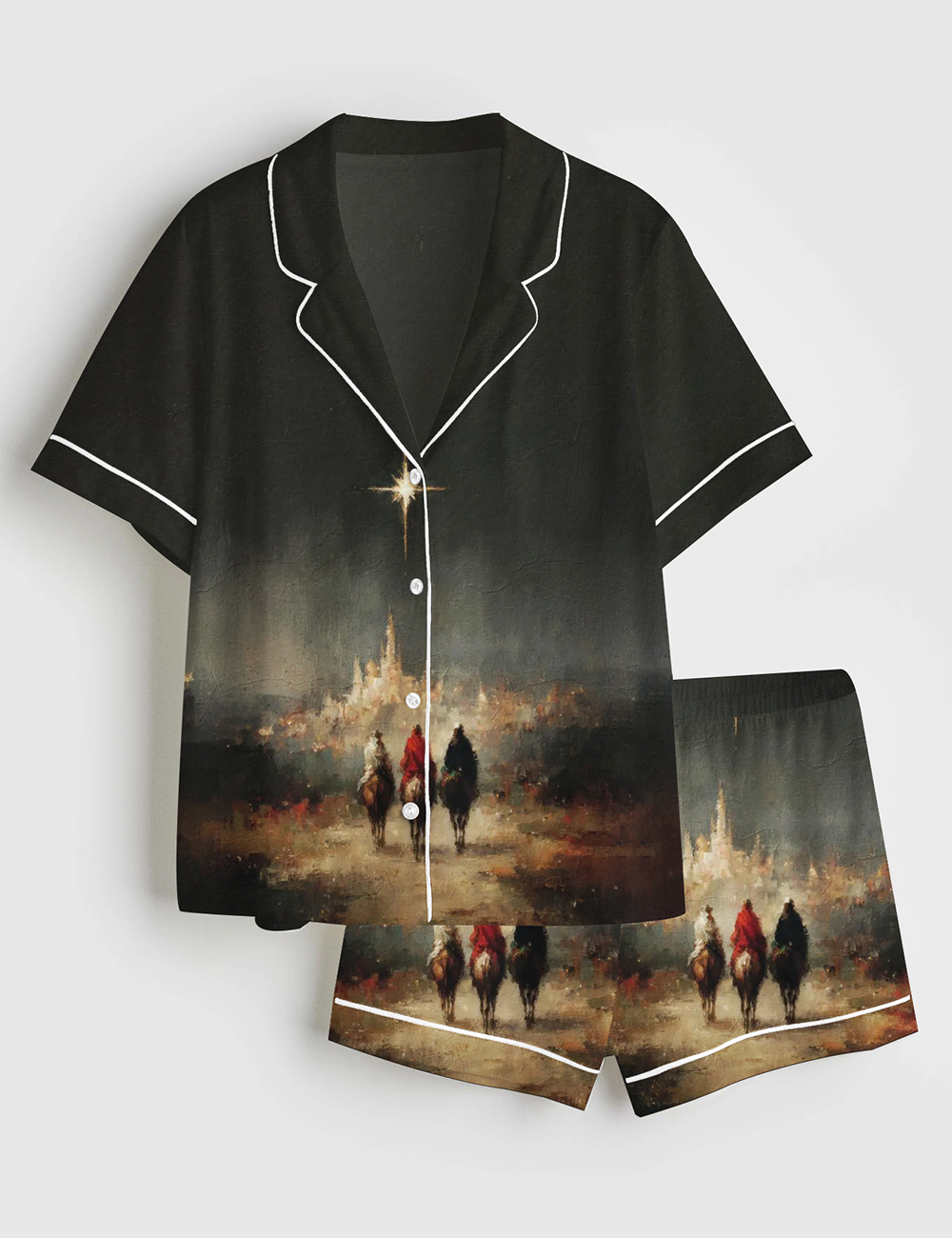 Women's Three Wise Men Journey Canvas Christian Christmas Short Sleeve Satin Pajama Set
