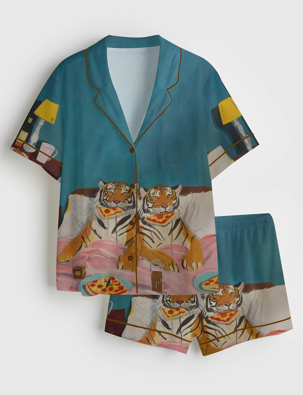 Women's Tiger Pizza Print Bedroom Funny Short Sleeve Satin Pajama Set