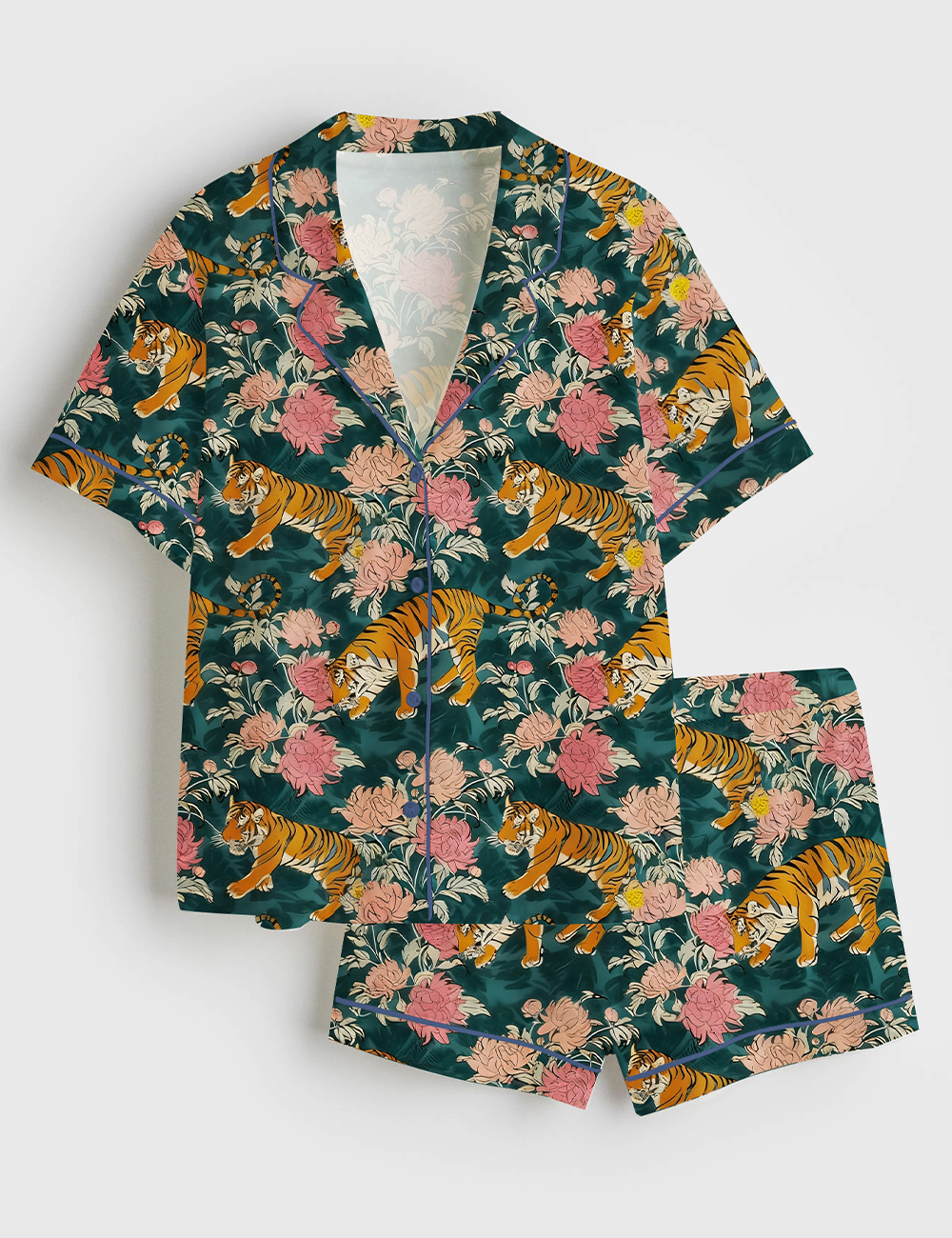 Women's Tiger Tropical Bengal Cora Tiger Floral Art Print Short Sleeve Satin Pajama Set