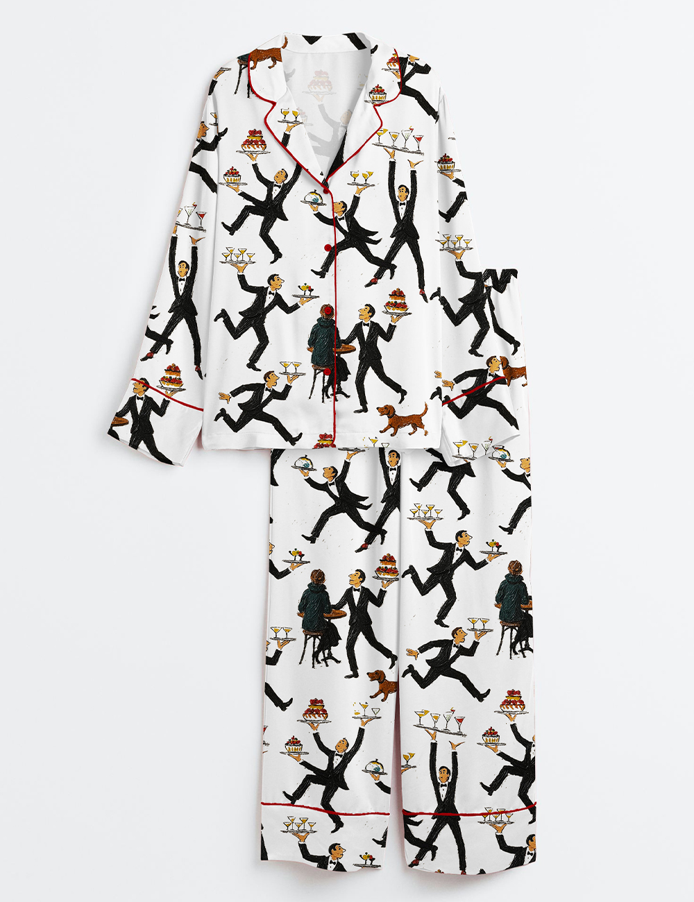 Women's Tiny People Print Servers In A Restaurant Vintage Food & Drink Fun Bar Long Sleeve Satin Pajama Set