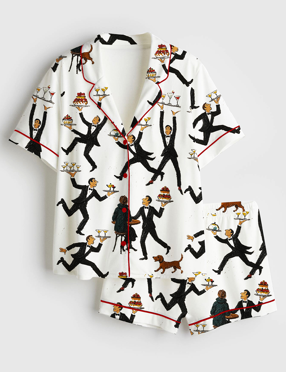 Women's Tiny People Print Servers In A Restaurant Vintage Food & Drink Fun Bar Short Sleeve Satin Pajama Set