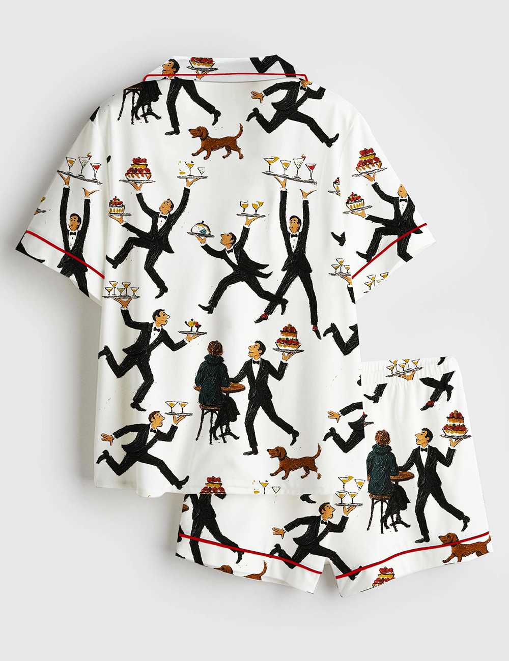 Alternative view of Women's Tiny People Print Servers In A Restaurant Vintage Food & Drink Fun Bar Short Sleeve Satin Pajama Set