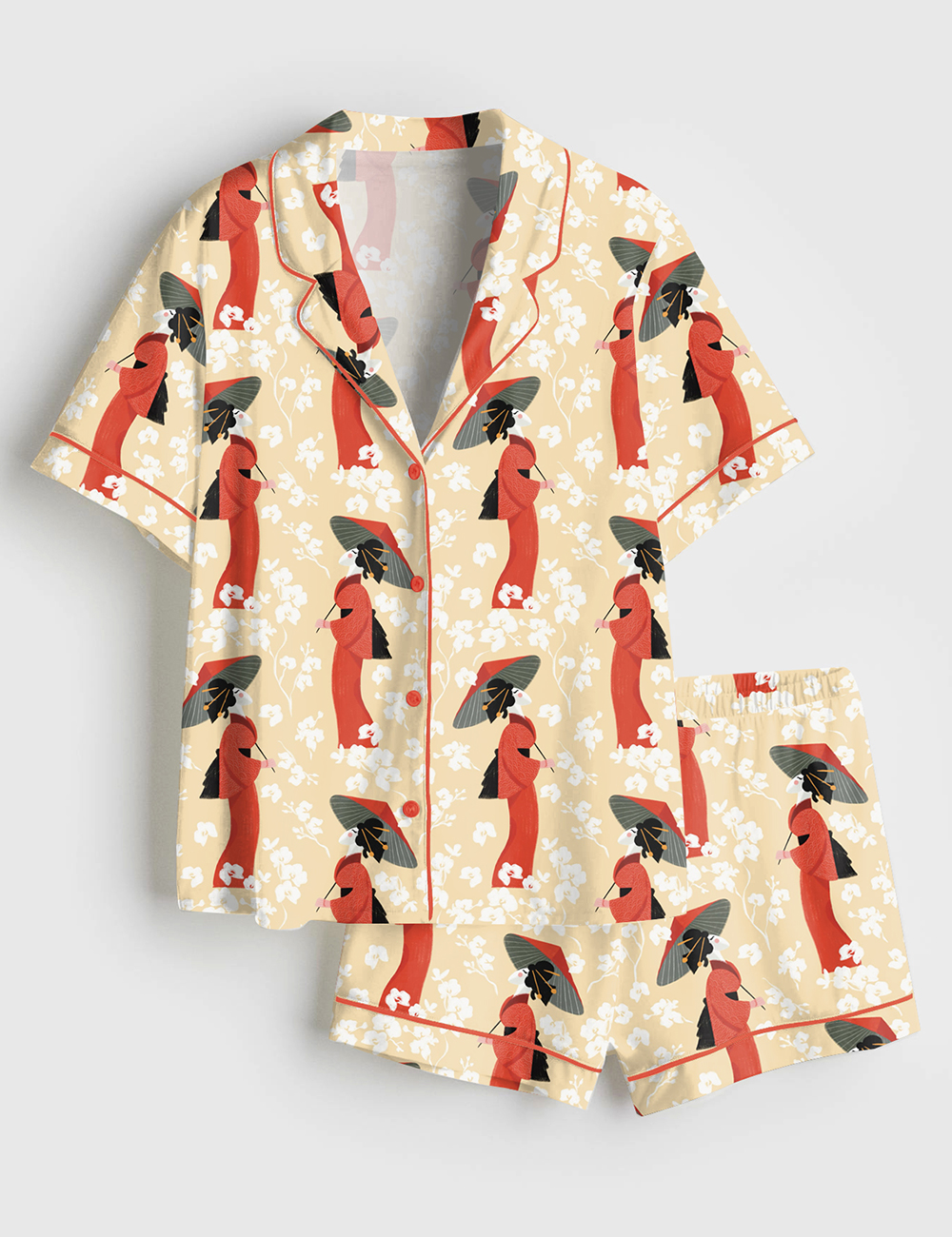 Women's Tokyo Sights Japanese Kimonos And Traditional Umbrellas Short Sleeve Satin Pajama Set