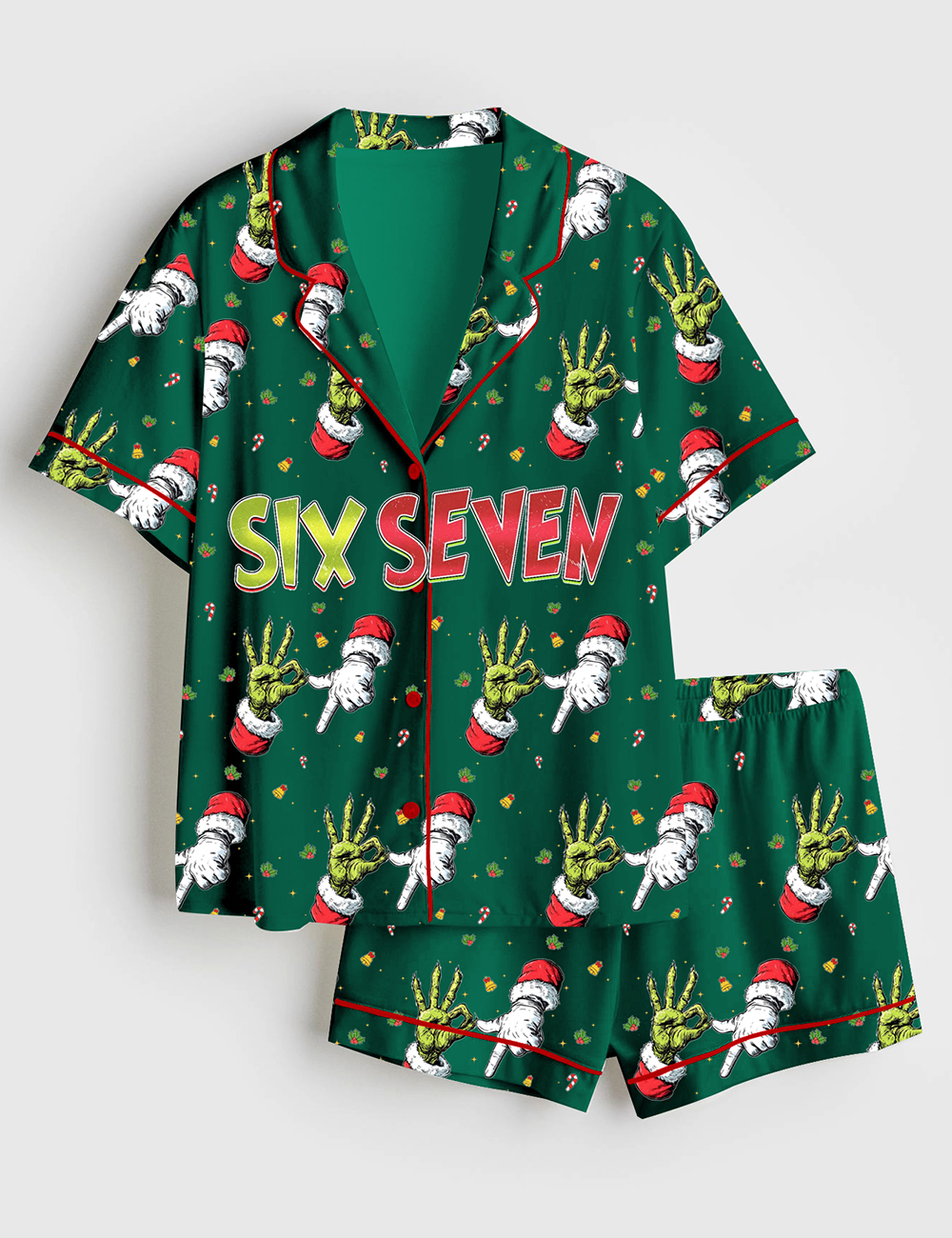 Women's Trending Six Seven Christmas Grinch Santa Short Sleeve Satin Pajama Set