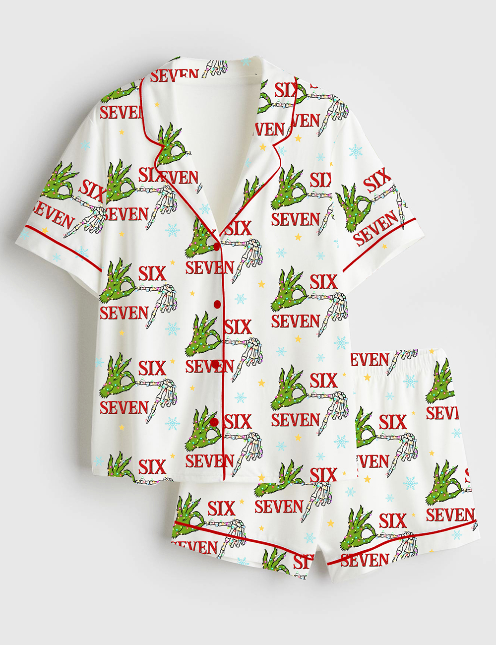 Women's Trending Six Seven Christmas Grinch Skeleton Short Sleeve Satin Pajama Set
