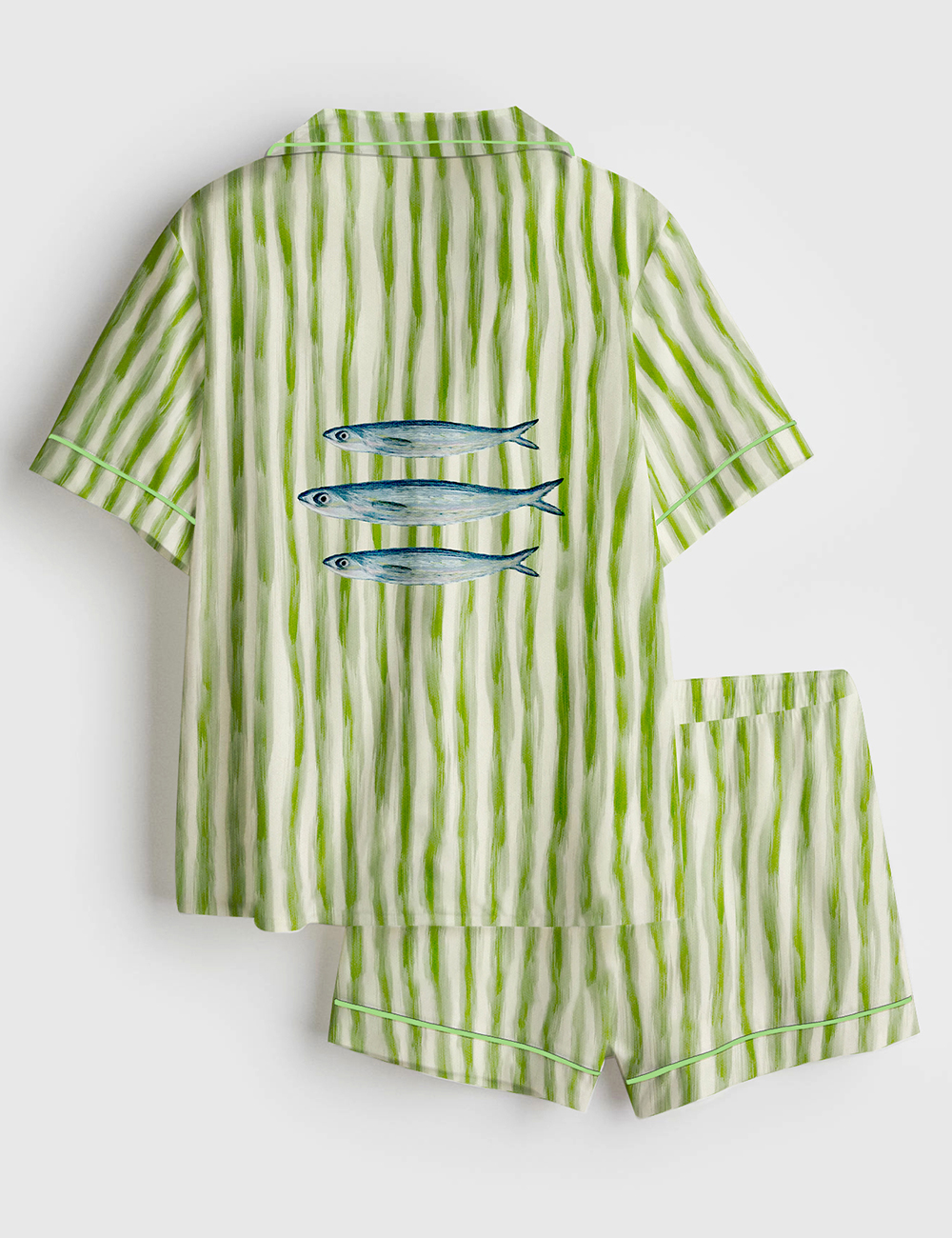 Alternative view of Women's Trendy Aesthetic Sardines Fish Summer Beach Sardines Green Stripe Print Short Sleeve Satin Pajama Set