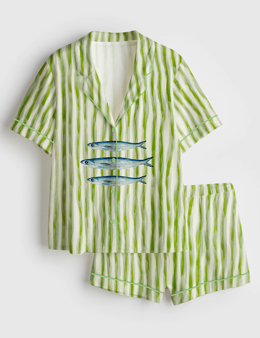 Women's Trendy Aesthetic Sardines Fish Summer Beach Sardines Green Stripe Print Short Sleeve Satin Pajama Set