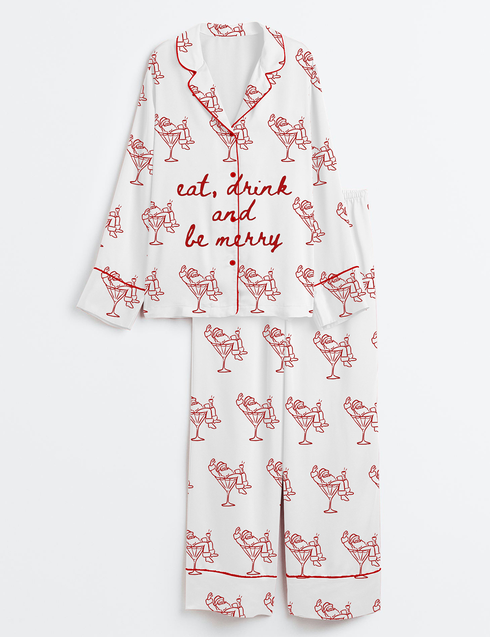 Women's Trendy Holiday Bar Cart Eat Drink And Be Merry Christmas Long Sleeve Silky Satin Pajama Set