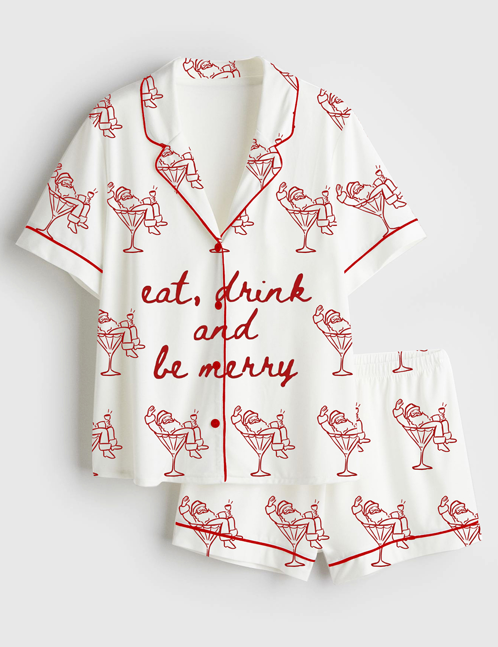 Women's Trendy Holiday Bar Cart Eat Drink And Be Merry Christmas Short Sleeve Silky Satin Pajama Set