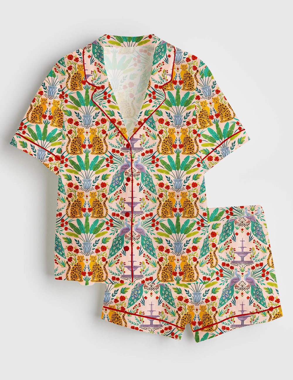 Women's Tropical Bohemian Leopard Peacock Floral Art Print Short Sleeve Satin Pajama Set