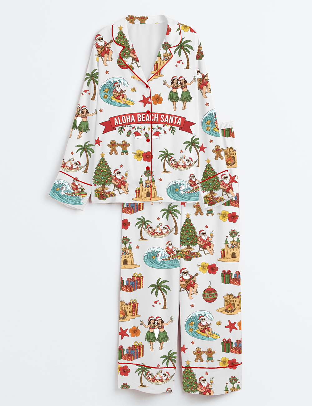 Women's Tropical Christmas Aloha Beach Santa Holiday Long Sleeve Satin Family Pajama Set