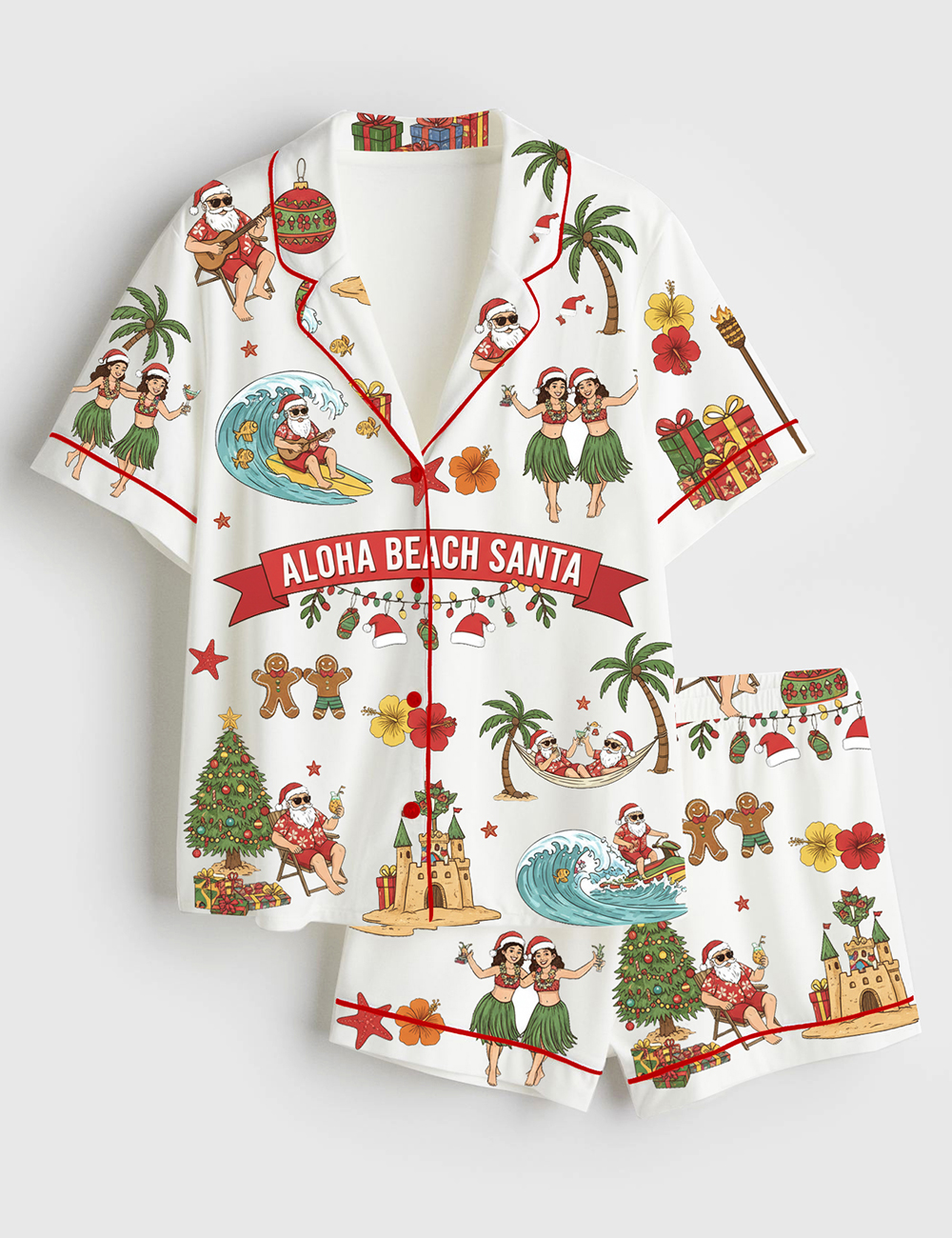 Women's Tropical Christmas Aloha Beach Santa Holiday Short Sleeve Satin Family Pajama Set
