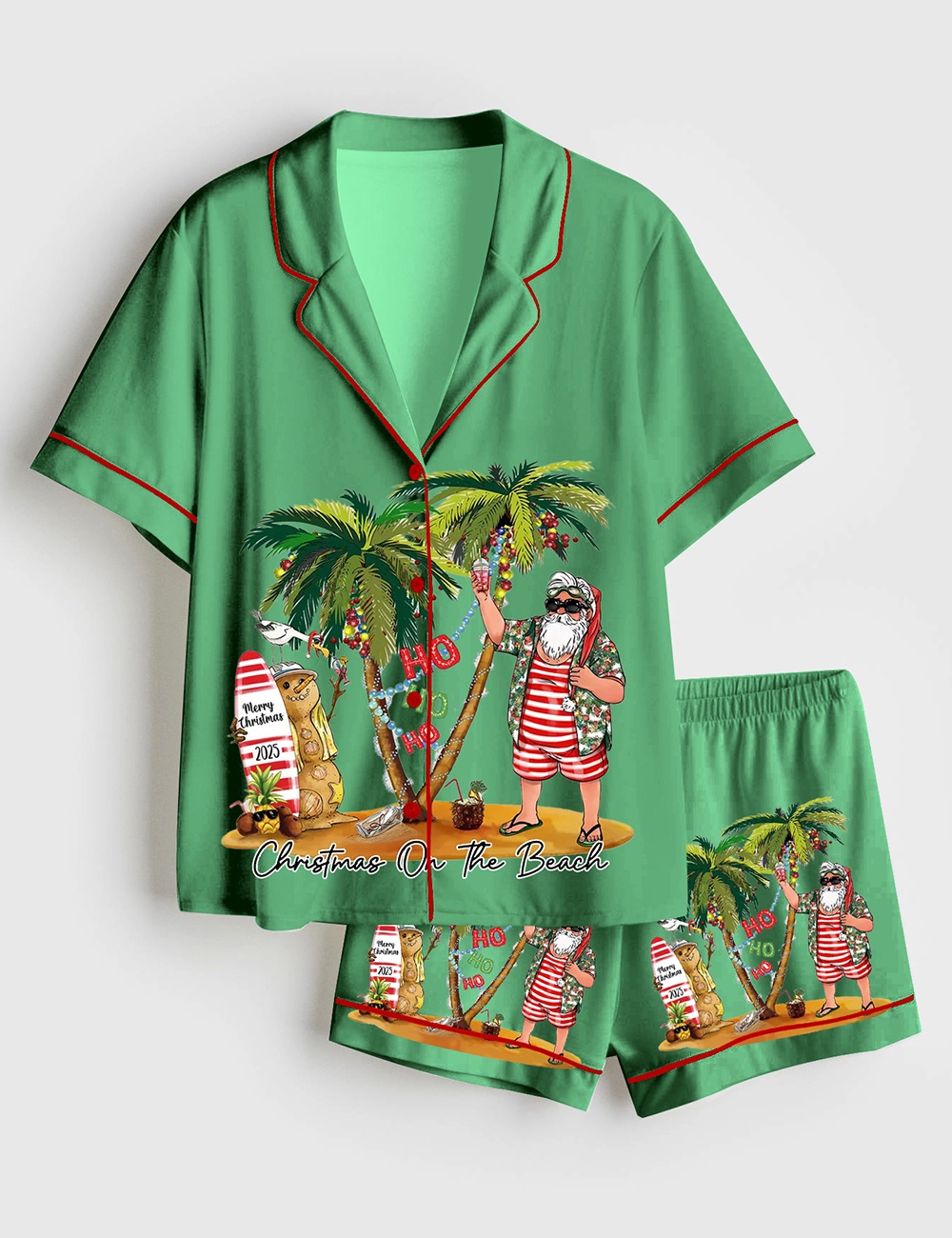 Women's Tropical Christmas Beach Hawaiian Xmas Santa HoHoHo Short Sleeve Satin Family Pajama Set