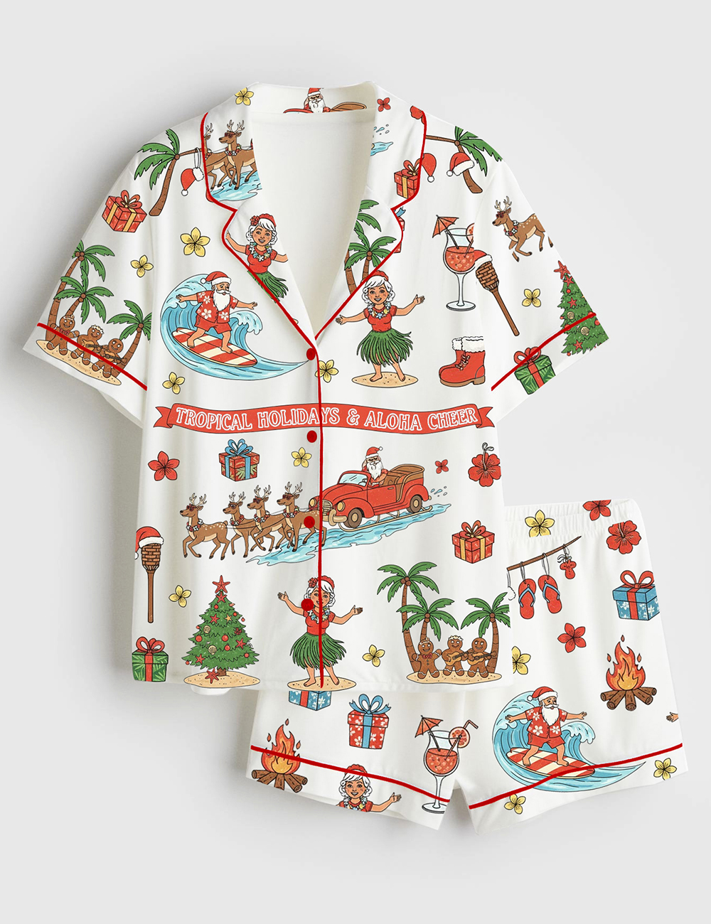 Women's Tropical Christmas Santa Hawaiian Aloha Holiday Short Sleeve Satin Family Pajama Set