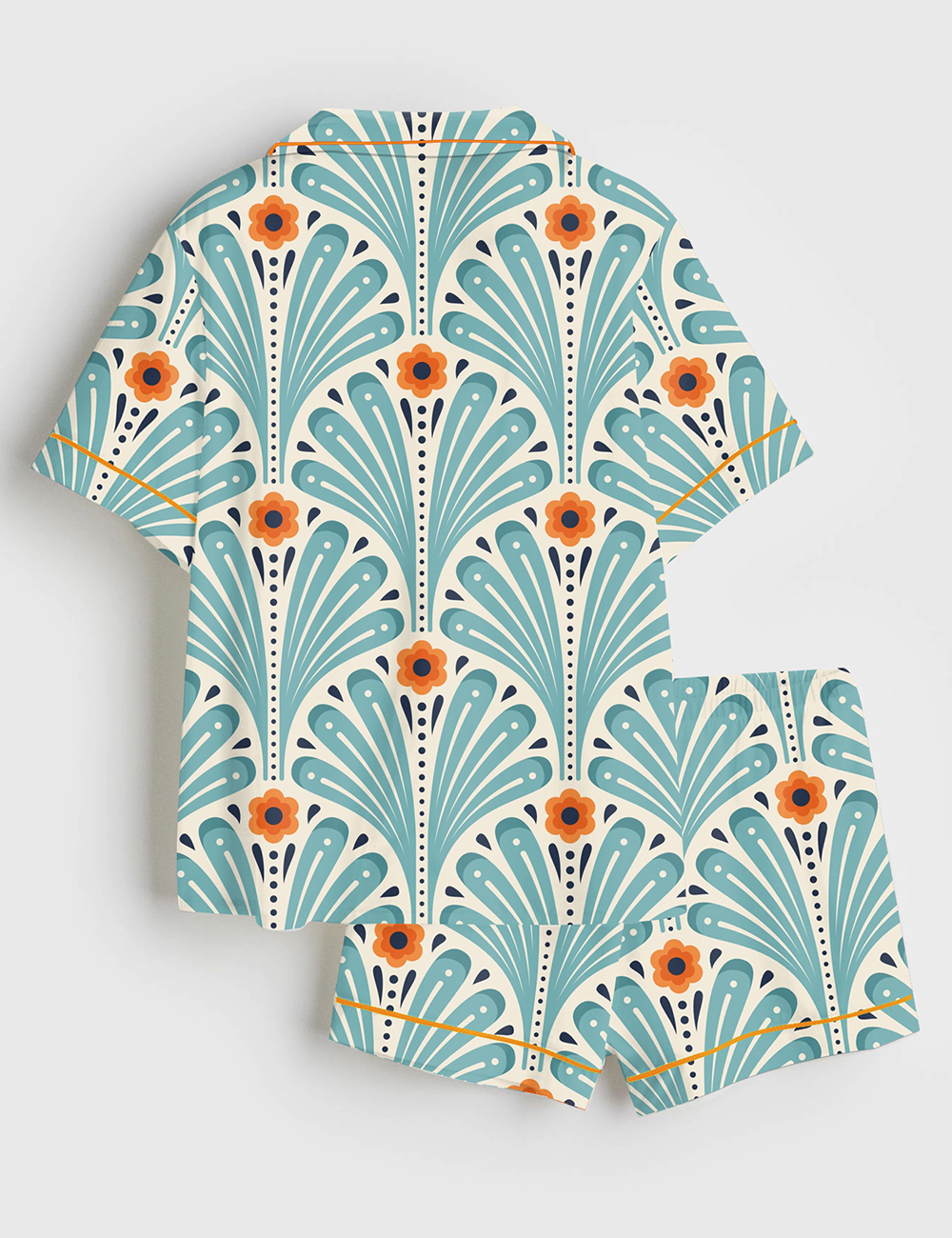 Alternative view of Women's Tropical Maximalist Emerald Green Fans Sunset And Leaves Flowers Short Sleeve Satin Pajama Set