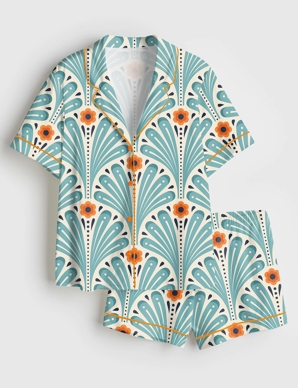 Women's Tropical Maximalist Emerald Green Fans Sunset And Leaves Flowers Short Sleeve Satin Pajama Set