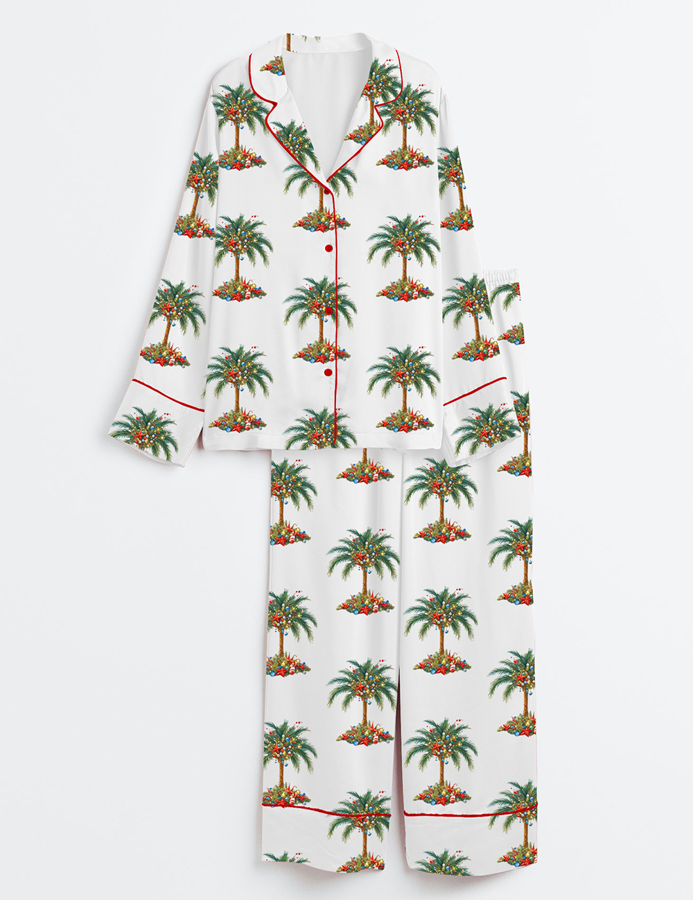 Women's Tropical Palm Christmas Tree Coastal Holiday Long Sleeve Satin Pajama Set