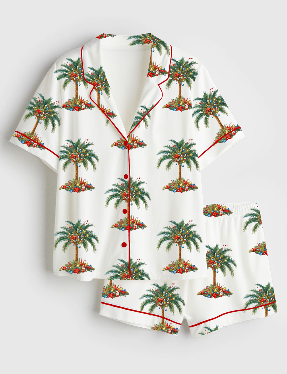 Women's Tropical Palm Christmas Tree Coastal Holiday Short Sleeve Satin Pajama Set