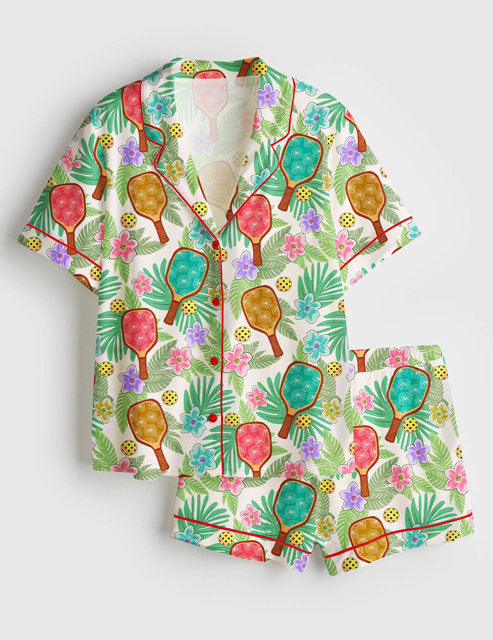 Women's Tropical Pickleball Fun Vibrant Floral Game Day Sports Short Sleeve Satin Pajama Set