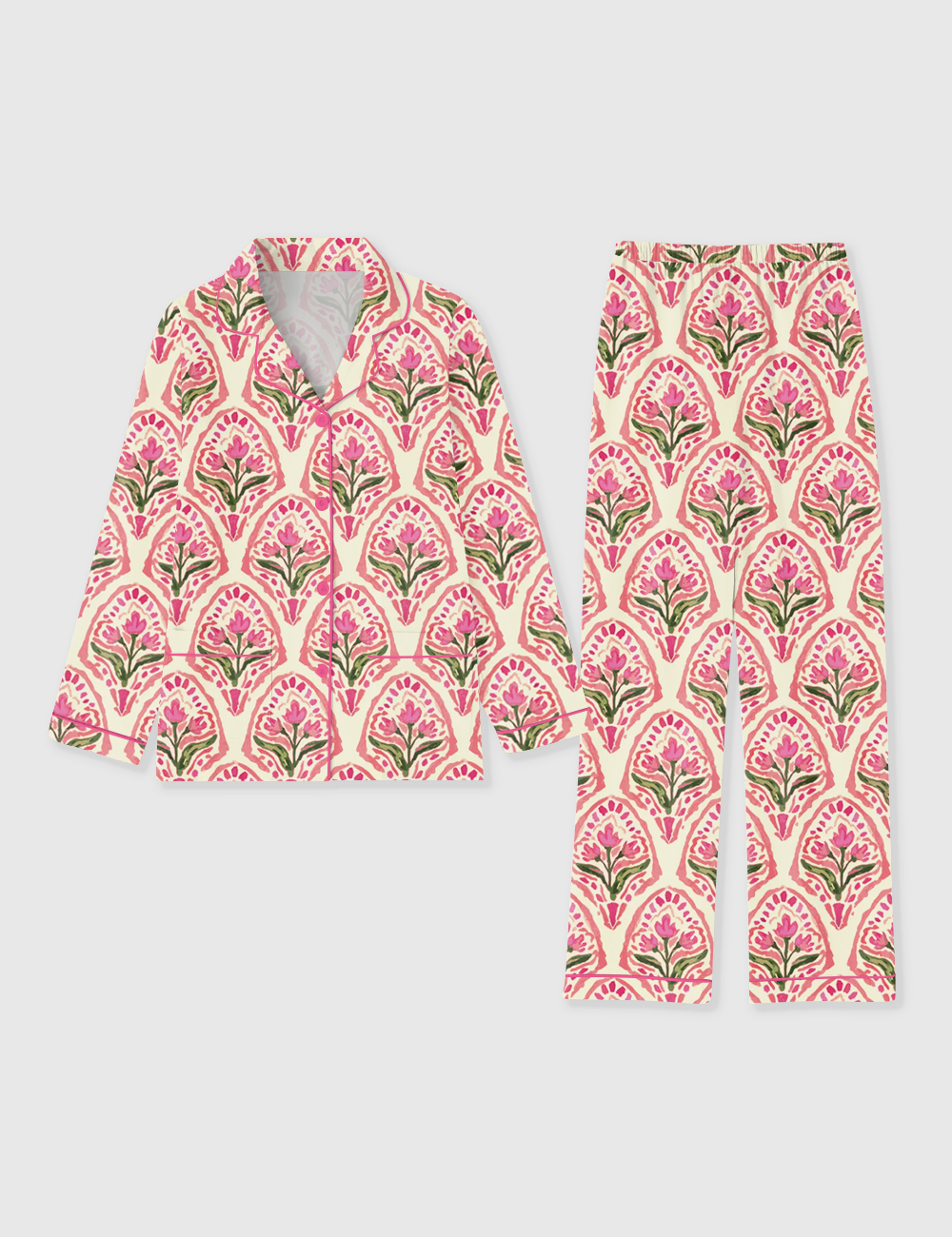 Women's Tulip Flower Long Sleeve Pocket Cotton Pajama Set