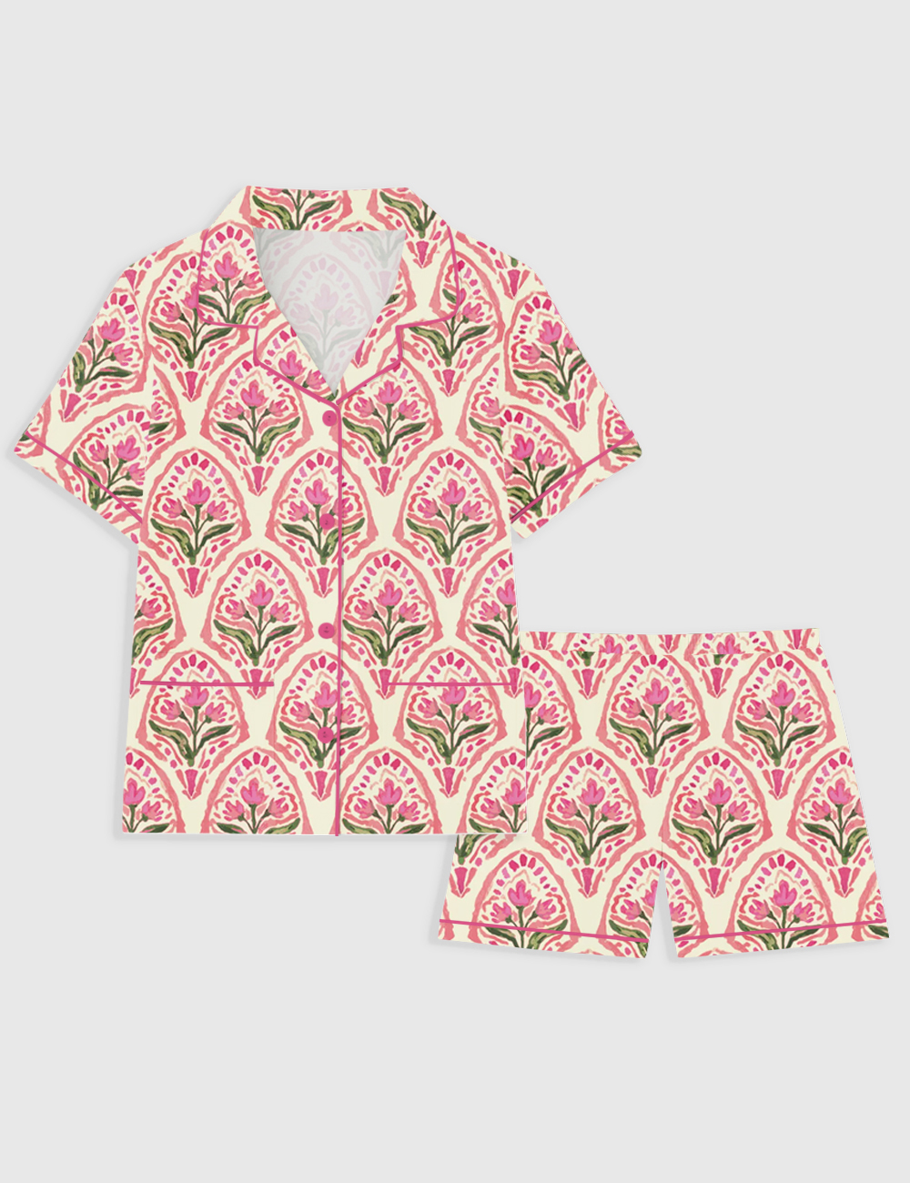 Women's Tulip Flower Short Sleeve Pocket Cotton Pajama Set