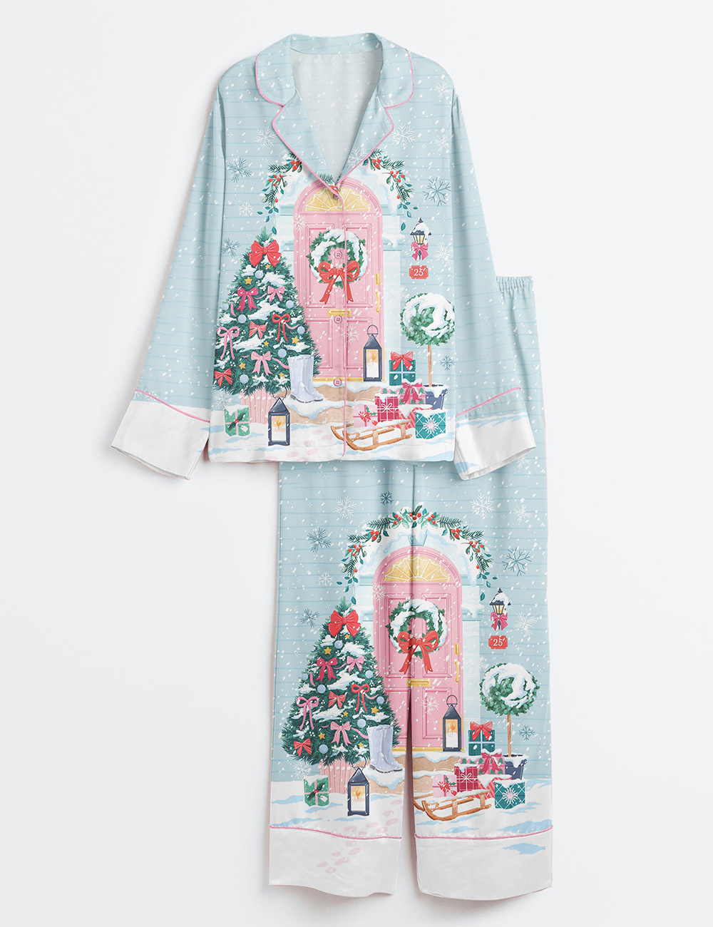 Women's Twinkling Lights Cosy Doorways Jolly Christmas Home Long Sleeve Satin Pajama Set