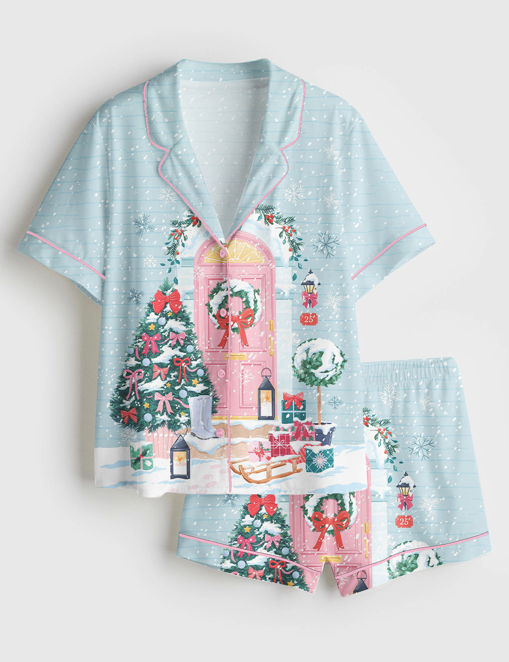 Women's Twinkling Lights Cosy Doorways Jolly Christmas Home Short Sleeve Satin Pajama Set